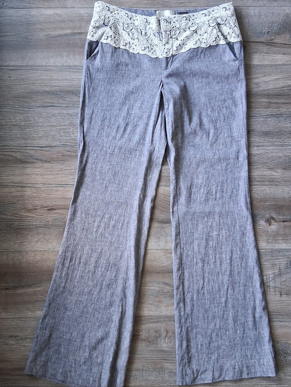Anthropologie Elevenses Brighton Pant Blue Chambray Linen Crochet Bootcut 30/10